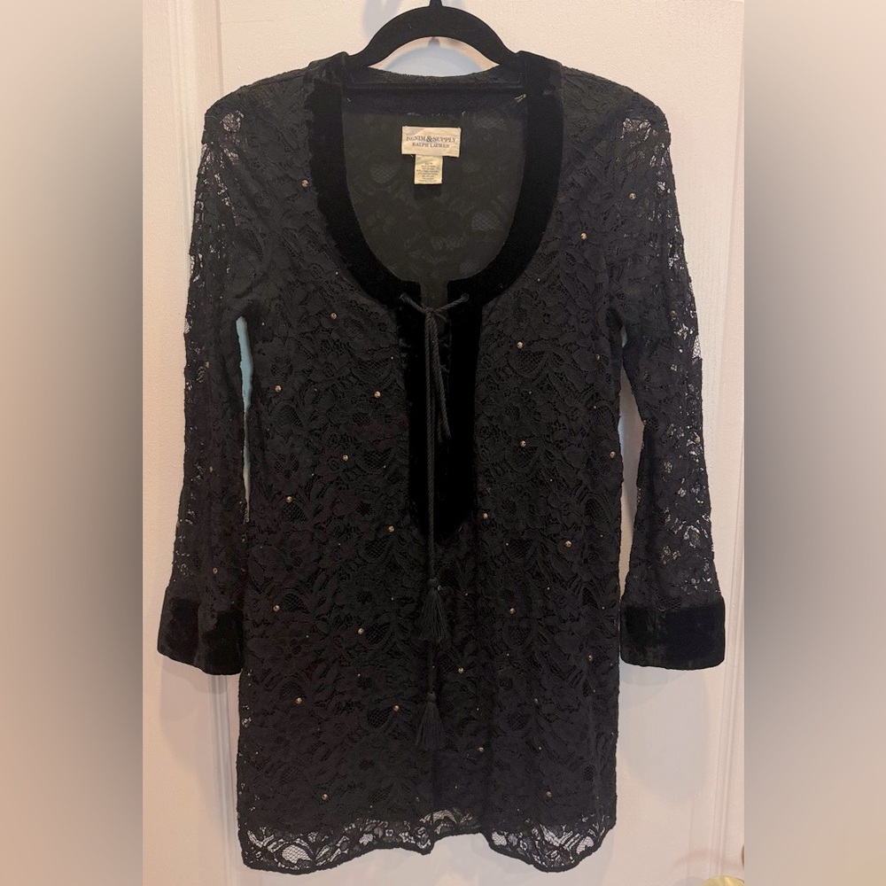DENIM & SUPPLY RALPH LAUREN Black Lace Sheer Studded Tie Front Blouse Tunic XS